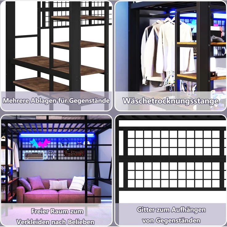 Hochbett, 140x200 cm, Eisenrahmen, Ablagefach, Netz zum Aufhängen von Gegenständen, mit Kleiderstange, offener Raum unter dem Bett, mit LED-Lichtleiste, ohne Matratze, Schwarz – Bild 6