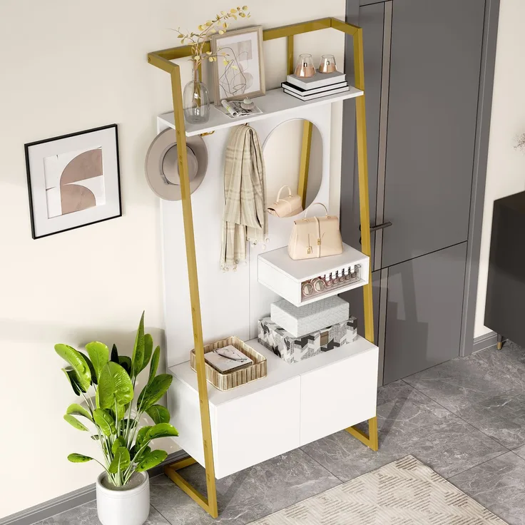 Faumrta Moderne minimalistische Kompaktgarderobe, offener multifunktionaler Aufbewahrungsschrank mit Spiegel, Metallhaken,Garderobenständer mit Schuhbank, Garderobe, Schuhaufbewahrung,Kleiderständer,78CM*38.5CM*180.5CMWeißMDF (Medium-Density-Faserplatte)