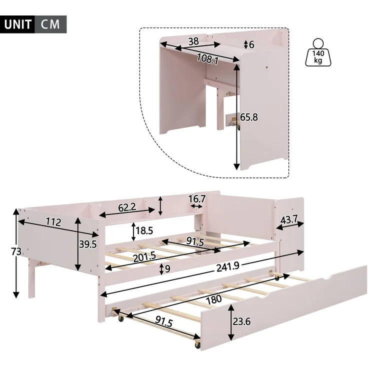 U-life Flachbett 90x200 cm Einzelbett Kinderbett Jugendbett mit Ausziehbett, Schreibtisch und 3 Regalen, Rosa – Bild 10