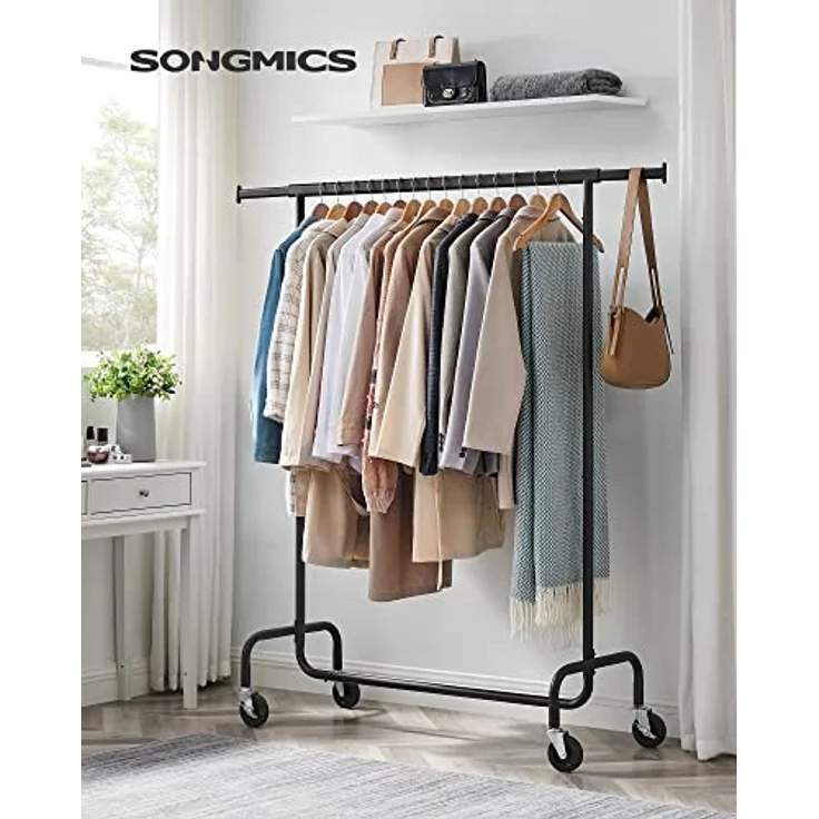 SONGMICS Kleiderständer auf Rollen, Garderobenständer, hochbelastbar, ausziehbare Kleiderstange, bis 130 kg belastbar, 45 x (110-150) x 162,9 cm, aus Metall, verchromt, Mattschwarz HSR011B01 – Bild 3