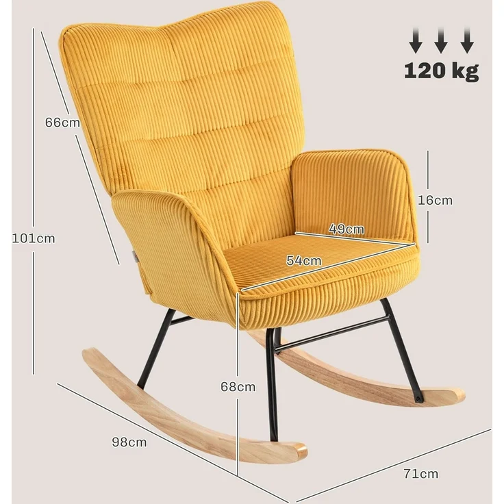 HOMCOM Schaukelstuhl Sessel mit Kord-Optik, Armlehne, Holzkufen (Schaukelsessel, 1 St), für Wohnzimmer, Schlafzimmer, Gelb – Bild 3