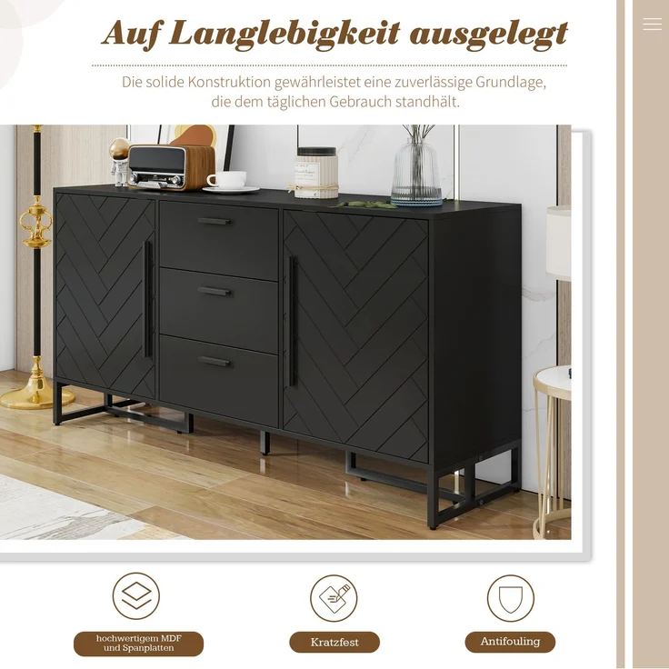 Merax Kommode, Schwarzes elegantes Sideboard mit Fischgrätenmuster, mit 2 Türen und 3 Schubladen für Esszimmer, Küche und Wohnzimmer – Bild 8