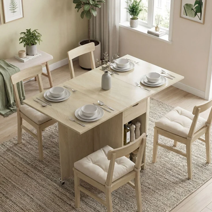 Wohnora-Klappbarer Esstisch für 2-4 Personen, Rollbarer Tisch mit offenem Fach und Schublade, ideal für kleine Räume, Natur,H 750cm x T 1145cm x B 700cm,Naturholz – Bild 3