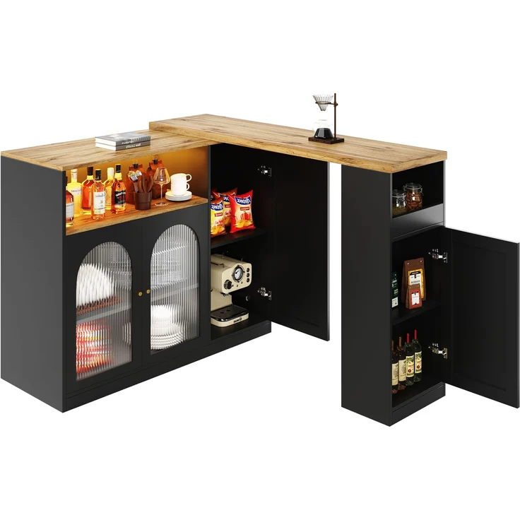Um 360° drehbarer Bartisch (Hauptkörper: 198 x 39,6 x 97 cm), mattschwarzer Schrank mit Schreibtisch in Holzmaserung, mit Glasschranktür und LED-Licht, Sideboard, Weinschrank, Kaffeeecke--Schwarz--197x39.6x100cm--YOUDENOVA – Bild 6