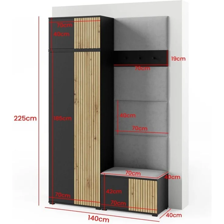 Garderoben-Set Rosario Version 2 mit Lamellen, Kleiderschrank mit Polsterplatten und Schuhschrank (Schwarz / Eiche Artisan, Trinity 05), 225 x 40 x 140 cm – Bild 2