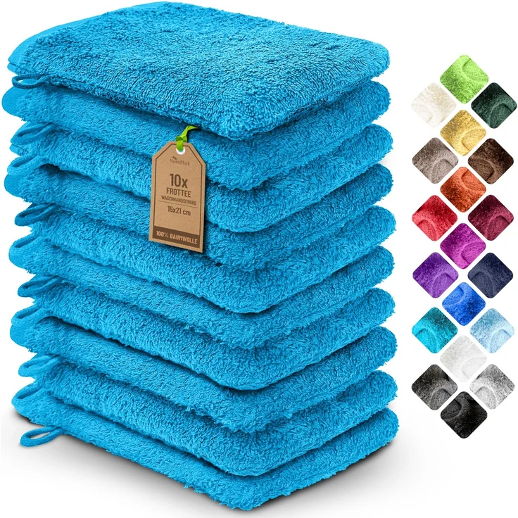 NatureMark 10x Waschhandschuhe aus Frottee 100% Baumwolle – Weich und Robust, Ideal für die tägliche Pflege und Gäste – Türkis, 15x21 cm