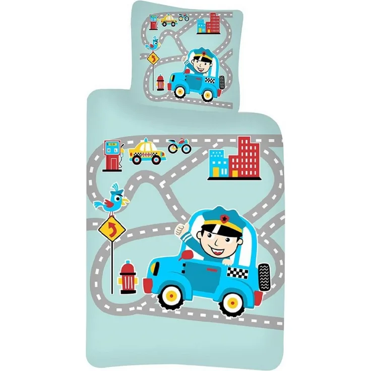 Baby Kinder Bettwäsche Motiv Polizei, Straße, Hydrant, Tanksäule, Gebäude, Motorrad, Taxi Bettdecke 100x140 + Kopfkissen 40x45 cm 100% Baumwolle