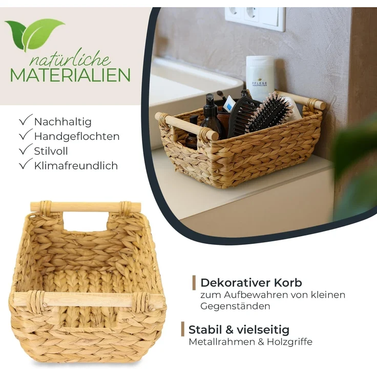 HMF Aufbewahrungskorb Aufbewahrungskorb mit Holzgriffen, Korb geflochten aus Wasserhyazinthe, Badezimmerkorb, lang und bauchig, 32 x 22 x 12 cm – Bild 2