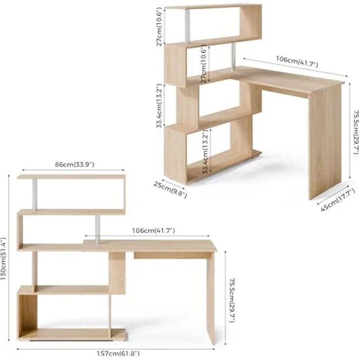 Mondeer Computertisch L-Förmig, Eckschreibtisch, mit 360 Grad Drehbarem Bücherregal für Arbeitszimmer Wohnzimmer Büro 157 x 45 x 130,5 cm, Eiche – Bild 4