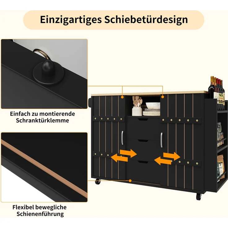 Kücheninsel 110 x 42 x 90 cm mit Schubladen, klappbarer Tischplatte & Schiebetüren – Multifunktionaler Küchenwagen – Bild 5