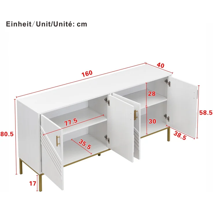 ZUBALIYA Sideboard 160x40x80,5 cm, mit verstellbaren Einlegeböden, mit 4 Türen, aus MDF, Weiß / Holzfarben – Bild 4