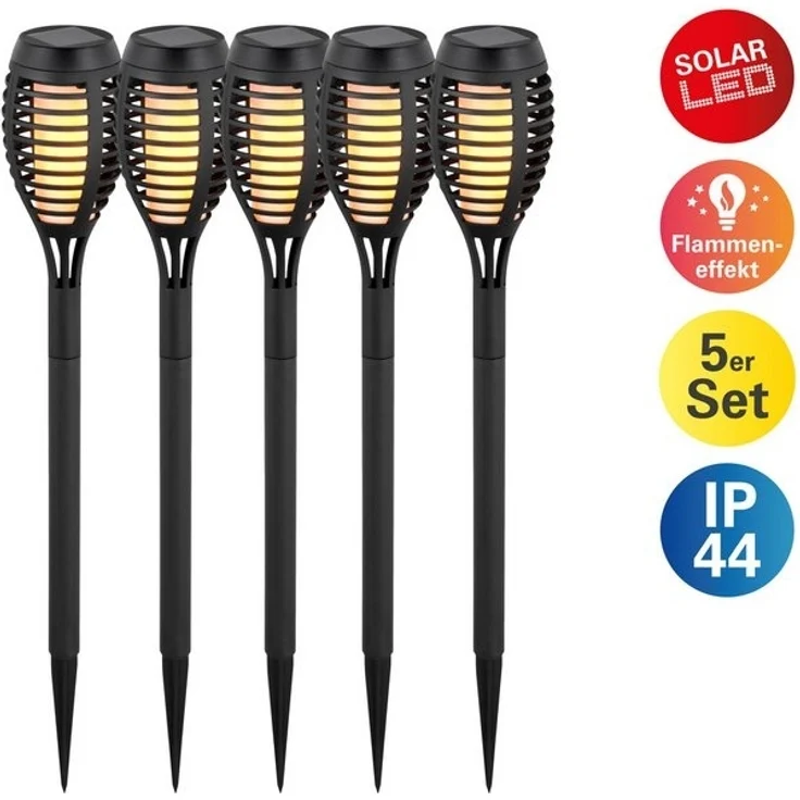 näve LED Solarleuchte Fanilo, Tageslichtsensor, LED fest integriert, Warmweiß, 5er Set Fackeln, Flammeneffekt, schwarz, LED warmweiß, H: 45cm, D: 6cm – Bild 4