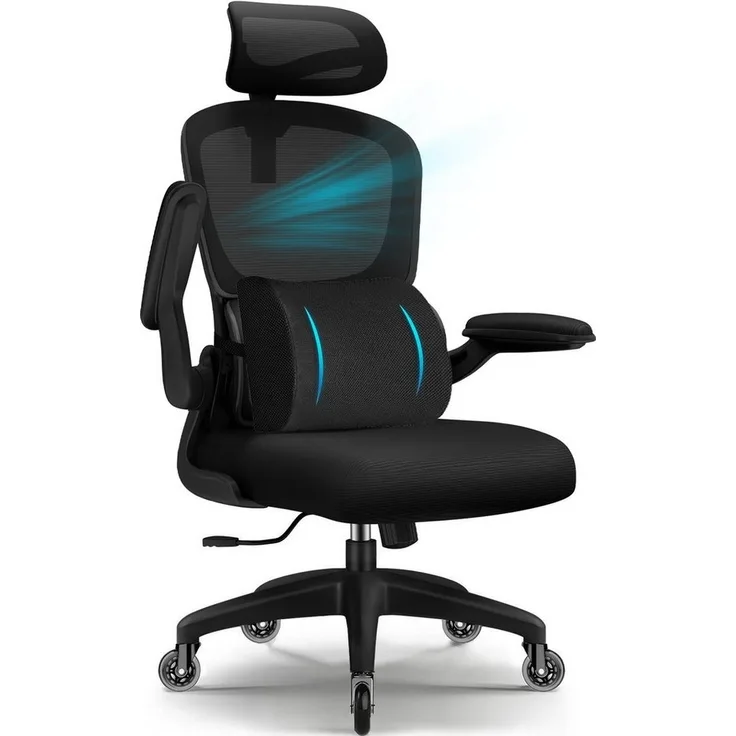 Homimaster Bürostuhl Bürostuhl, Schreibtischstuhl Ergonomisch mit Klappbaren Armlehnen (Bürostuhl mit Verstellbarer Kopfstütze, 90° Klappbare Armlehnen und Lendenwirbelstütze, Höhenverstellbarer Chefsessel aus Mesh), Bürostuhl mit maximaler Neigung von...