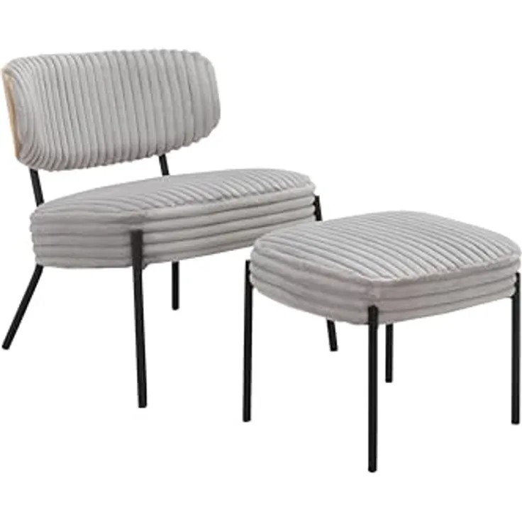 Jerry Lounge Sessel mit Hocker, Cord Stoff Hellgrau, Relaxsessel mit schwarzem Metallgestell und Bugholz-Details, moderner Loungesessel für Wohnzimmer und Büro, 65 x 65 x 76 cm