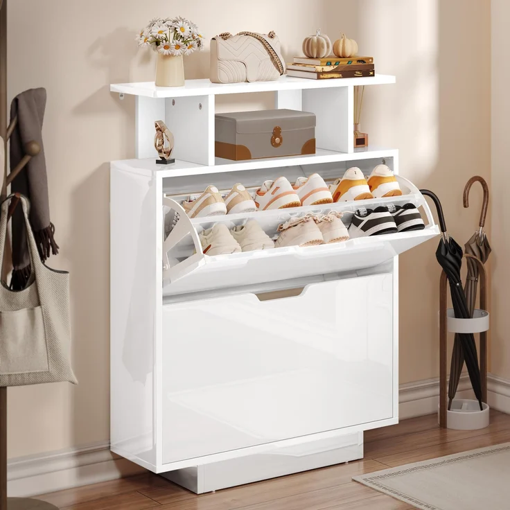 YITAHOME Schuhschrank Schmal Hochglanz, Schuhkipper mit 2 Klappen,80 x 24 x 106 cm Schuhregal schmal, Schuhschrank Weiss für den Eingang, Flur, Wohnzimmer, unterschiedliche Fachhöhen (37/43 cm)