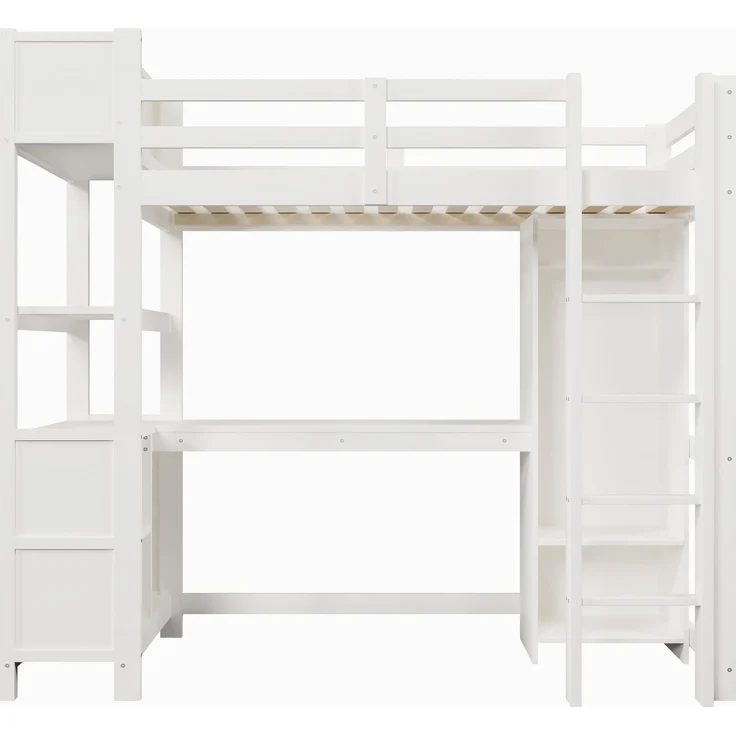 Merax Hochbett, Kinderbett 90x200 cm, mit Regale, mehrere Ablagefächer, Schreibtisch, Kleiderschrank, ohne Matratze, Weiß – Bild 9