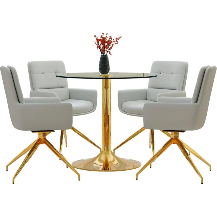 Esstischgruppe H 76 x T 85 x B 85 cm aus gehärtetem Glas mit goldfarbenem Metallgestell, 4 drehbaren PU-Stühlen – Bild 3