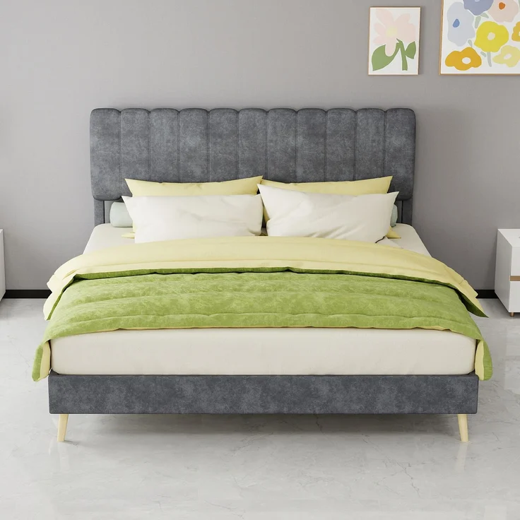 Novelux Modernes Polsterbett 160x200 cm mit weichem Kopfteil – Samtstoff Grau, Massivholz Bettrahmen, Minimalistisches Design ohne Matratze – Bild 9