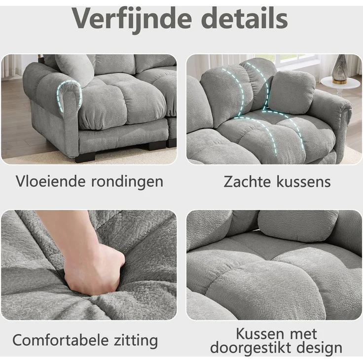 U-förmiges 2-Sitzer-Sofa mit beweglichen Hockerelementen, gesteppter Chenillebezug und dicke Polster, Wohnlandschaft für Wohnzimmer, Hellgrau – Bild 23
