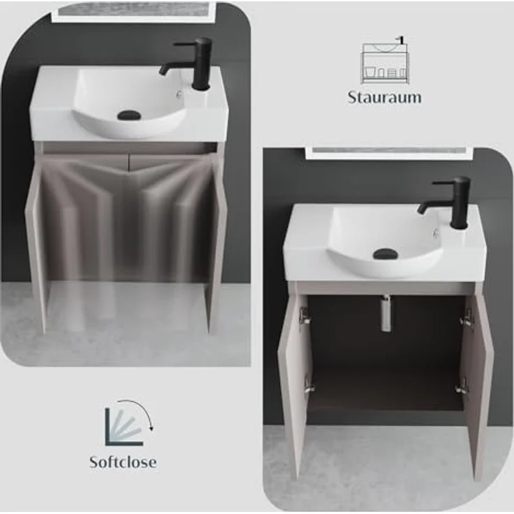 Alpenberger Badmöbel-Set Gäste WC Waschbecken mit Unterschrank 55 cm Breit, (Kleiner Stauraum Schrank, Moderne Waschplätze), Waschtisch mit Unterschrank Light Coffee – Bild 6