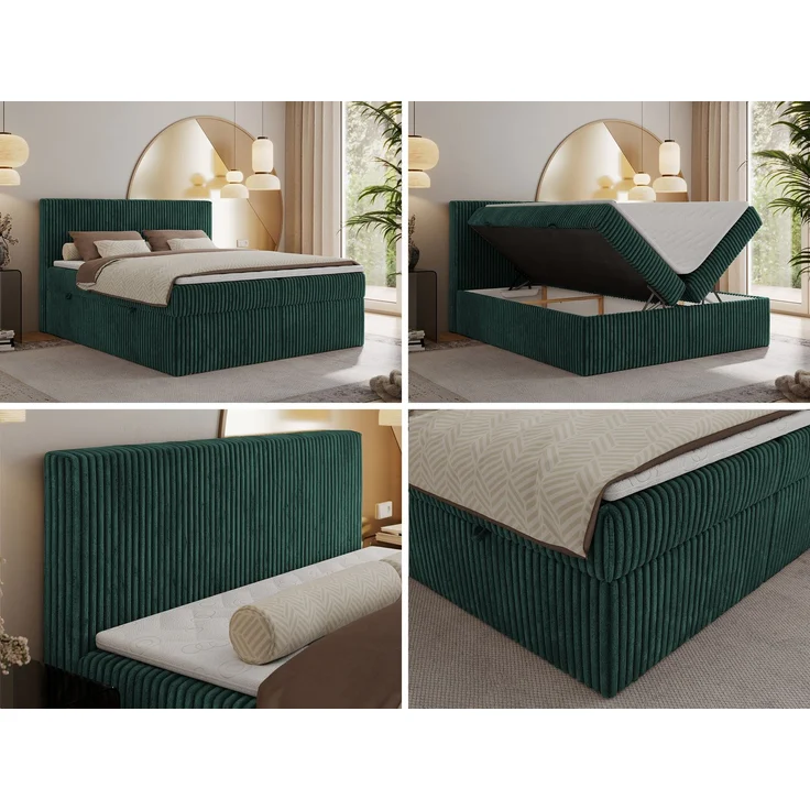Boxspringbett mit Kopfteil und Topper Visco, Cord Bett - TILIANO - 140 x 200 cm - Dunkelgrün Cord - H3 – Bild 2