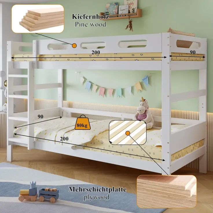 Etagenbett mit 2 Schlafgelegenheiten und Lattenrost, 90x200 cm, Kinderbett mit Rausfallschutz, umbaufähig zu 2 Einzelbetten, Holz – Bild 3