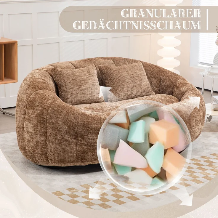 LVHOM Sitzsack XXL, Bean Bag mit Sitzpuff, Bodensofa mit 2 Kissen, 2-Sitzer-Sofa aus Chenille, 145x95x63cm – Bild 4