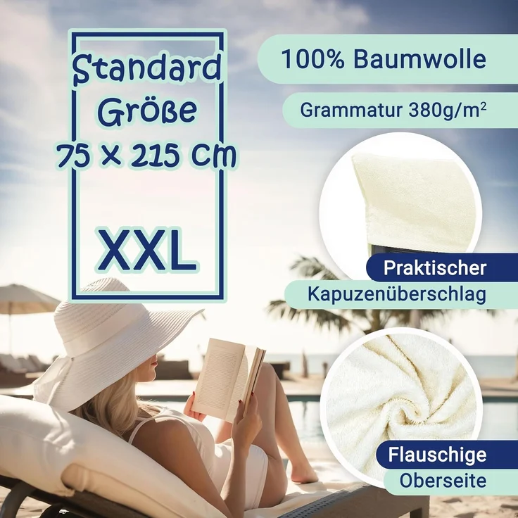 ZOLLNER Liegenbezug Frottee für Gartenliege, 100% Baumwolle, 75x215 cm, creme – Bild 3