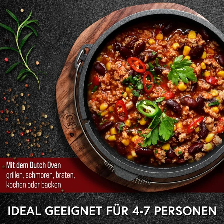 Dutch Oven 9 l mit Füßen aus Gusseisen – vorgebrannt mit Deckelheber & Standfüßen inkl. Rezeptbuch für Grill Outdoor & Feuerstelle – Bild 4