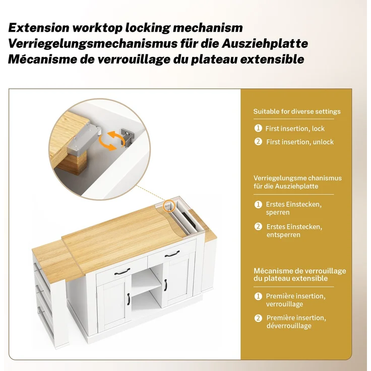 Merax 340cm Kücheninsel mit zwei ausziehbaren Arbeitsflächen,stilvolle mobile Insel,verstellbare Regalböden,2x220V-Steckdosen,2xUSB-Anschlüsse, Weiß – Bild 8