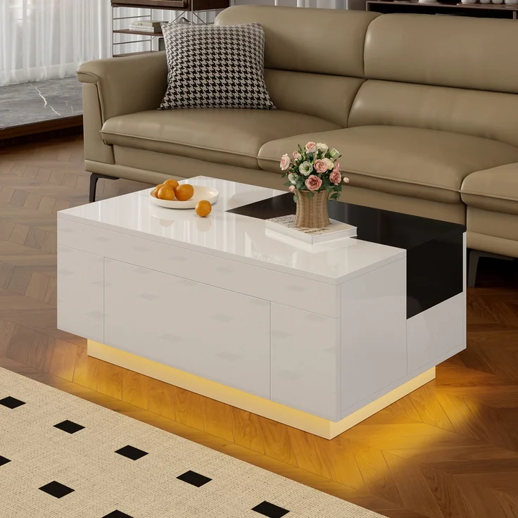 Merax Hochglanz-Couchtisch mit LED-Beleuchtung, ausziehbarer Tischplatte, verstecktem Stauraum und 16-farbig einstellbarem Lichtband, weiß – Bild 2