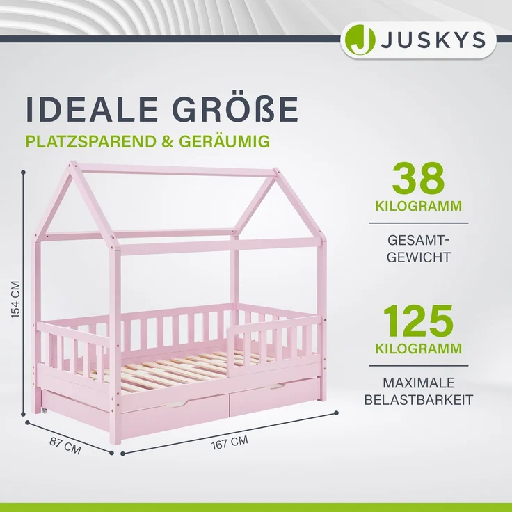 Juskys 'Marli' Kinderbett mit Matratze, Bettkasten, Rausfallschutz, Lattenrost & Dach - Massivholz Hausbett für Kinder - Bett in Rosa, 80x160 cm – Bild 2