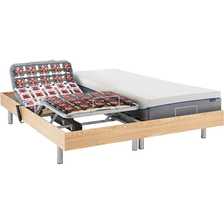 Relaxbett elektrisch mit Tellermodulen + Matratzen mit Memory Schaum - 2 x 70 x 190 cm - Eichefarben - HESIODE III von DREAMEA