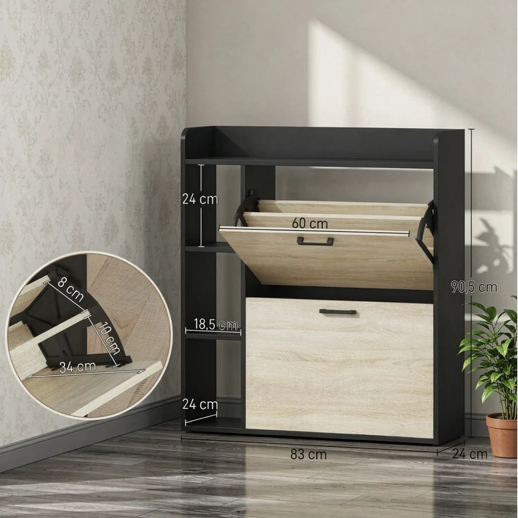 DESVIAE Garderobenschrank für Schuhe Schwarz/Naturholz aus Partikelplatte – 83x90,5x24 cm – 2 Kippschränke – Bild 9
