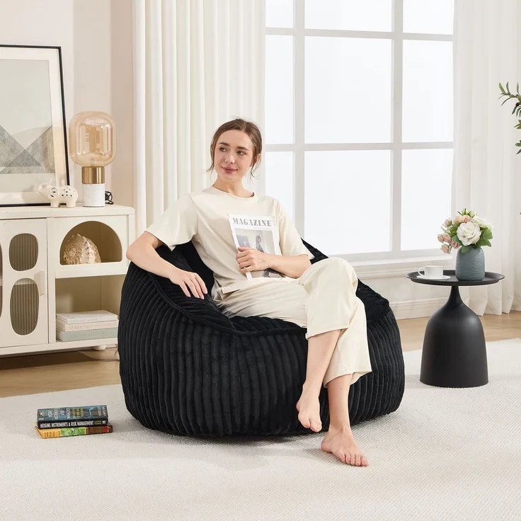 Wohnora-Bean Bag Stuhl mit Memory-Schaumstofffüllung, gestreifter Blasen-Plüsch, flauschig, gemütlich, gemütlicher Sofa für Wohnzimmer, Wohnungen und Schlafsäle,H 73cm x T 98cm x B 92cm,Schwarz – Bild 2