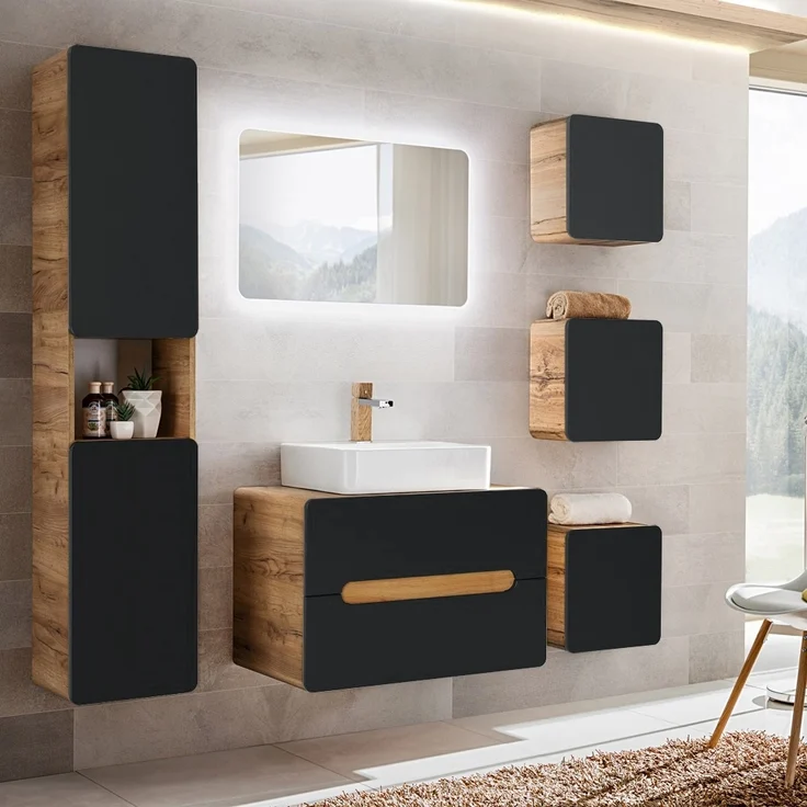 Badezimmer Hochschrank NEW-LUTON in seidenmatt anthrazit mit Wotan Eiche Nb, B/H/T ca. 35/170/32 cm – Bild 6