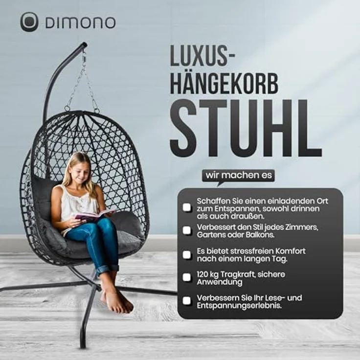 Goods+Gadgets Hängestuhl Hängesessel mit Gestell (Hängekorb Sessel), Schwebeliege Rattan Outdoor & Indoor Relax-Stuhl – Bild 8