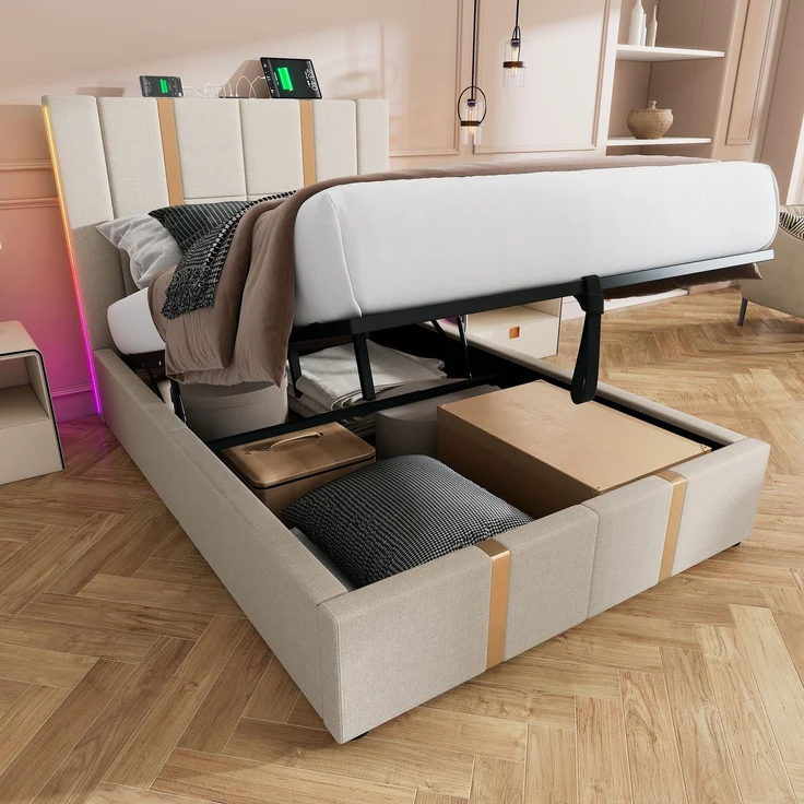 Polsterbett aus Leinen mit LED & USB-Anschluss, Stauraum, 90x200 cm, Beige, ohne Matratze – Bild 2