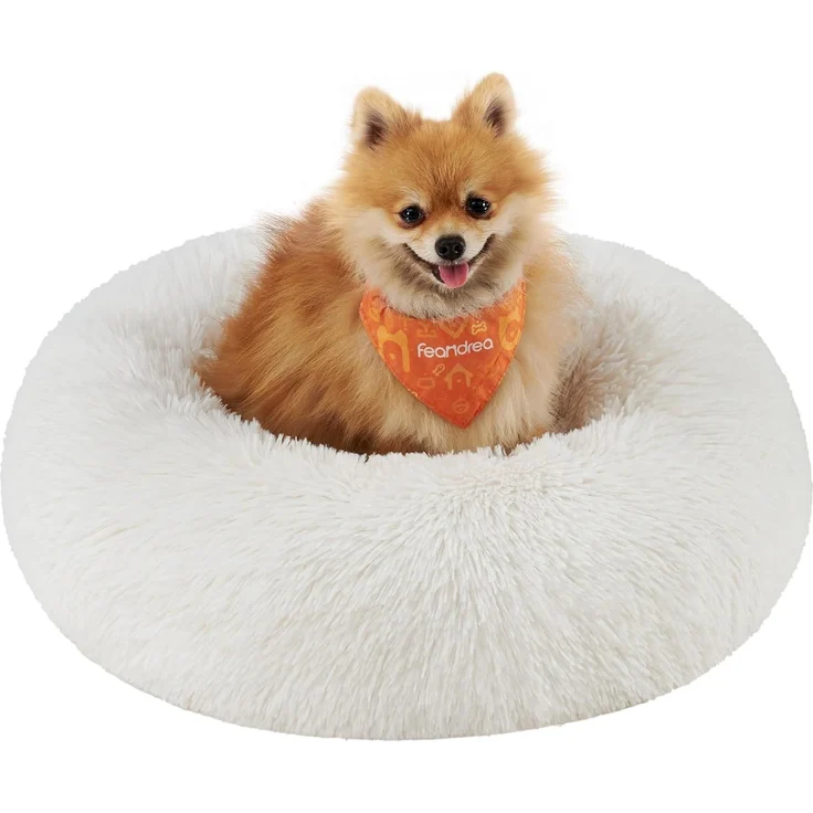 Feandrea Hundebett flauschig, Katzenbett, Donut Kissen, waschbar, Polsterung in der Mitte herausnehmbar, Langer Plüsch, 60 cm Durchmesser, wolkenweiß PGW038W01 – Bild 1