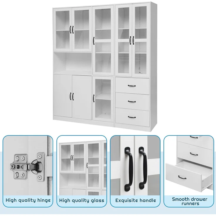 3135034567WAA)Modernes weißes Kombivitrinen-Set 200 cm hoch und 180 cm lang, weiße Standvitrine mit LED-Beleuchtung, 8 Türen, 3 Schubladen - perfekt für die Präsentation Ihres Hauses!--Weiß--180x40x200cm--YOUDENOVA – Bild 7