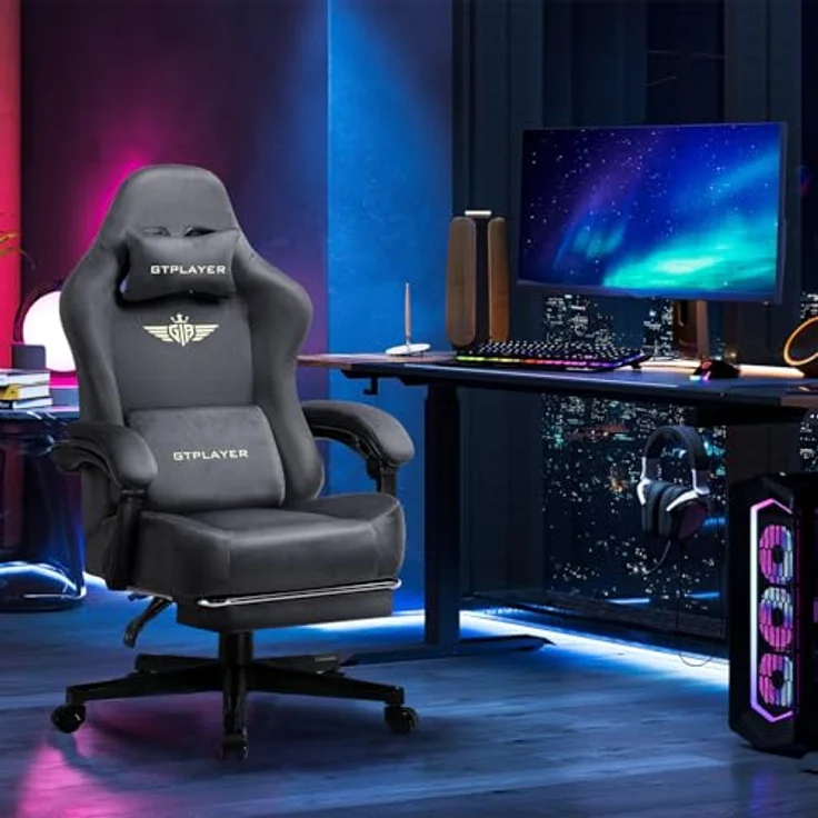 GTPLAYER Gaming Stuhl, Atmungsaktiver Bürostuhl, bürostuhl ergonomisch, Hochwertiger - Stoff, Ergonomischer PC Stuhl, 160° Verstellbare Rückenlehne und ausziehbare Fußstütze, Grau – Bild 3