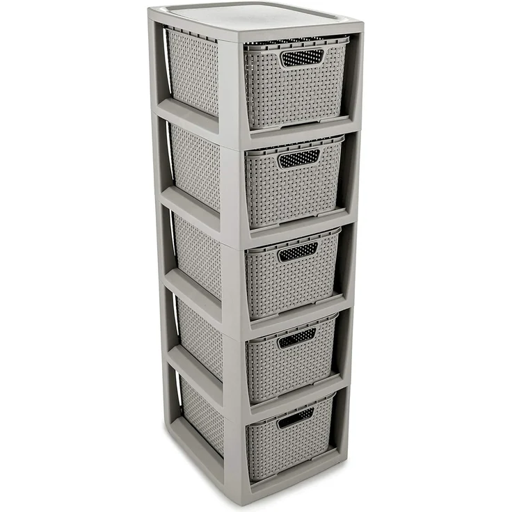 BranQ Home essential Regal in Rattan Design, BPA-freie Kunststoff PP, Hellgrau, 29,5 x 24 x 80 cm, 5 Körben
