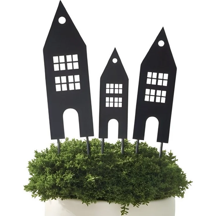 Dekoleidenschaft Gartenstecker "Haus" aus Metall, mattschwarz, 20 + 25 + 30 cm hoch, Dekostecker (3-St, im Set) Blumenstecker, Pflanzenstecker, Metallstecker, Stecker für Blumentopf – Bild 5