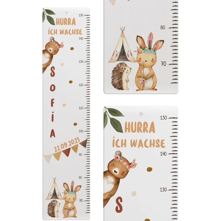 Kidsmood - Personalisierte Messlatte Kinder aus Aluverbund – Hochwertige Messleiste & Wand-Deko für Kinderzimmer mit zauberhaftem Boho Tiere – Tolles Taufgeschenk für Mädchen & Jungen - (65-140cm)
