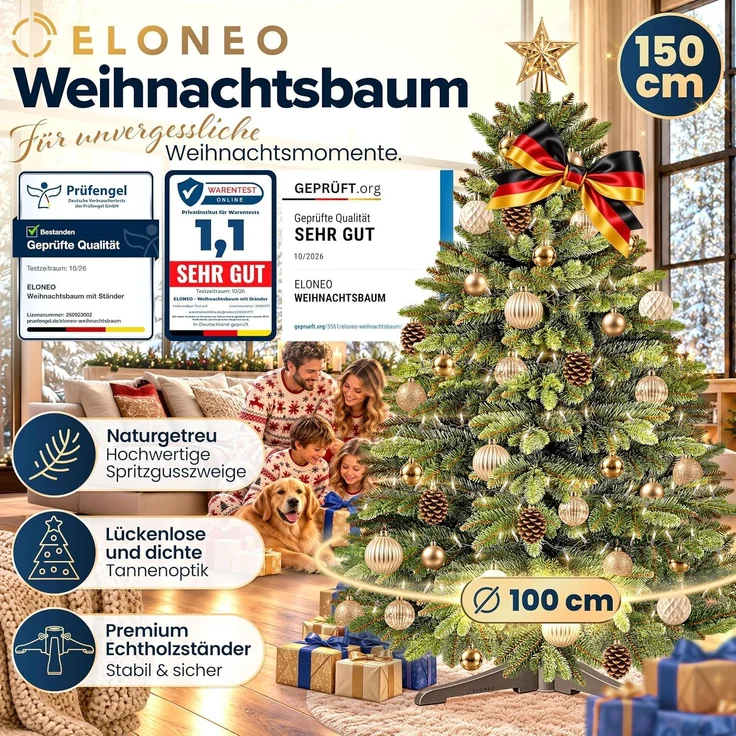 ELONEO Premium Weihnachtsbaum künstlich 150cm mit Holzständer, Christbaum naturgetreu, dichte Zweige, künstlicher Weihnachtsbaum, Christmas Tree, Tannenbaum künstlich -Testsieger- – Bild 2