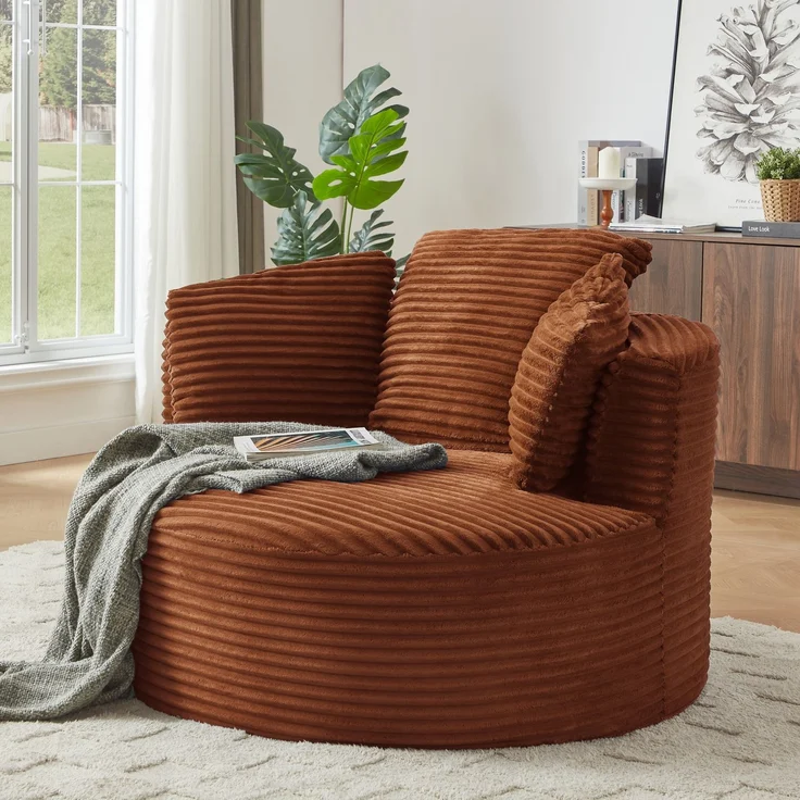 Übergroßes rundes Sofa, ultraweicher Cord-Loungesessel mit Federkernkissen, vollständig komprimierbarer Sitzsack mit Baumwollfüllung, keine Montage erforderlich, maximale Belastbarkeit 80 kg, für Wohnzimmer und Schlafzimmer--Orange--124x113x86cm--YOUDE... – Bild 6