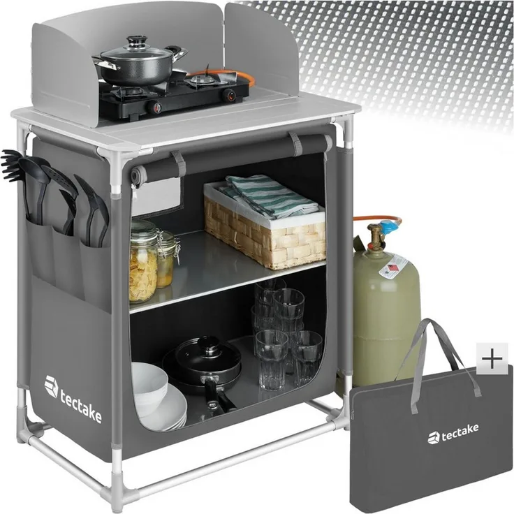 tectake Campingtisch Campingküche Premium mit Aluminiumgestell und 2 Fächern (1-St), faltbar