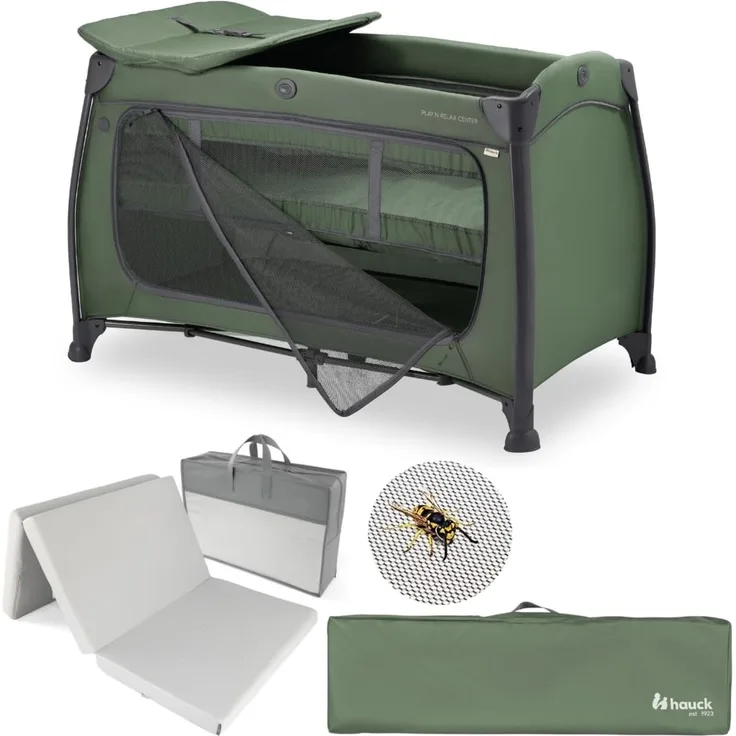 hauck Baby Reisebett Set Play N Relax Center inkl. Matratze & Insektenschutz | faltbares Kinder Reisebett mit Neugeboreneneinhang, Wickelauflage, Rollen, Seiteneingang & Transporttasche – Dark Green