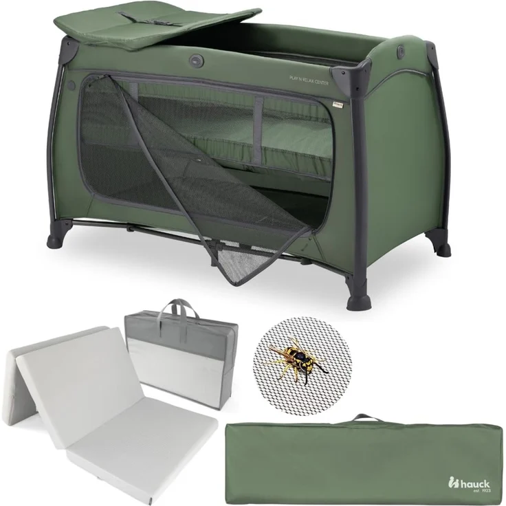 hauck Baby Reisebett Set Play N Relax Center inkl. Matratze & Insektenschutz | faltbares Kinder Reisebett mit Neugeboreneneinhang, Wickelauflage, Rollen, Seiteneingang & Transporttasche – Dark Green
