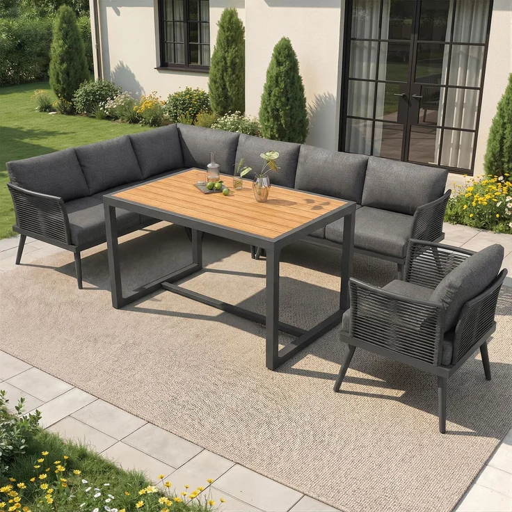 Merax Gartenlounge-Set, 7-Sitzer L-förmiges Gartensofa-Set mit Sessel, geflochtenen Armlehnen, Wetterfeste Eckgarnitur aus Eisen, mit Holz-Couchtisch, Mit Polstern & Kissen, Grau – Bild 3